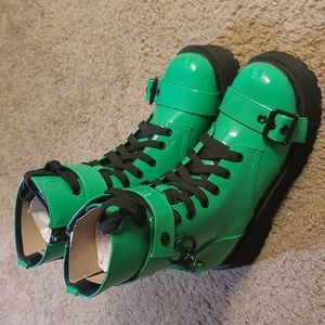 Dolls Kill Current Mood Green Combat Moto Boots NWOT